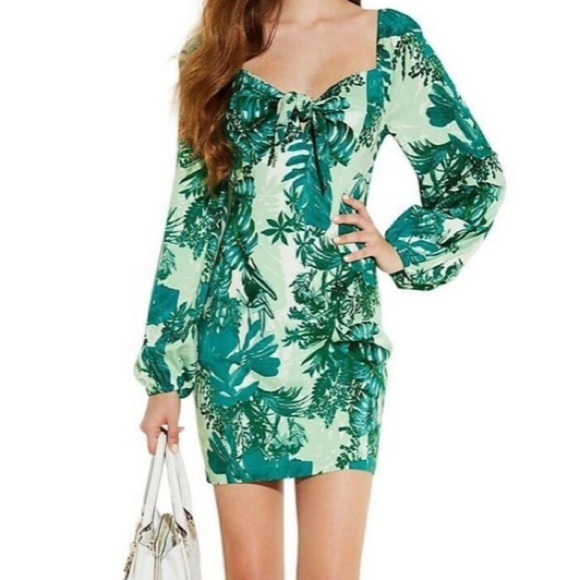 ⚪️ Guess tropical print long sleeve twist dress mini - Picture 1 of 12
